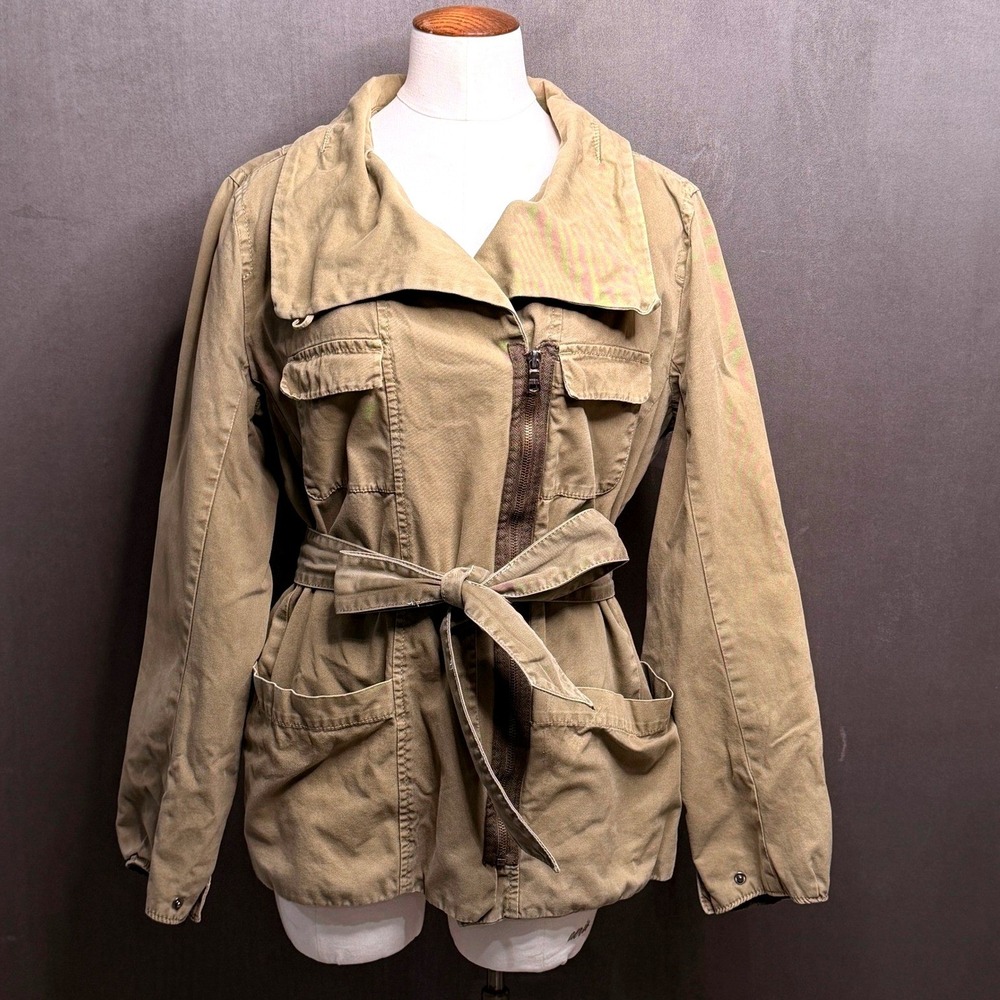 Gap Field Jacket Womens Large Tan Cotton Zip Up Belted Safari Utility Coat Y2K